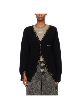 Marni Ribbed Black Whipstitch V-Neck Cardigan Size 48
